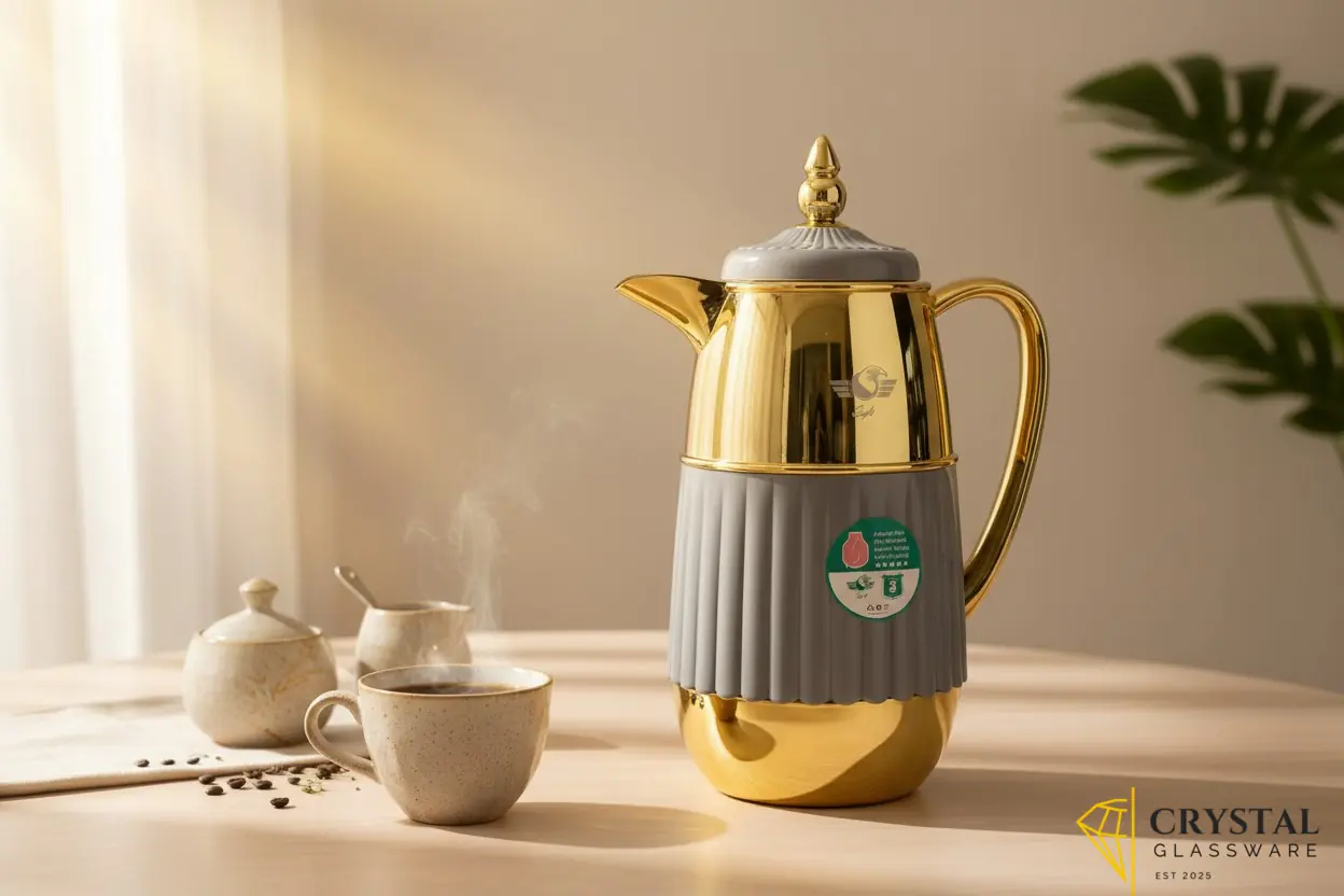 Vacuum flask features a distinctive gold-plated upper body and a pleated grey lower base